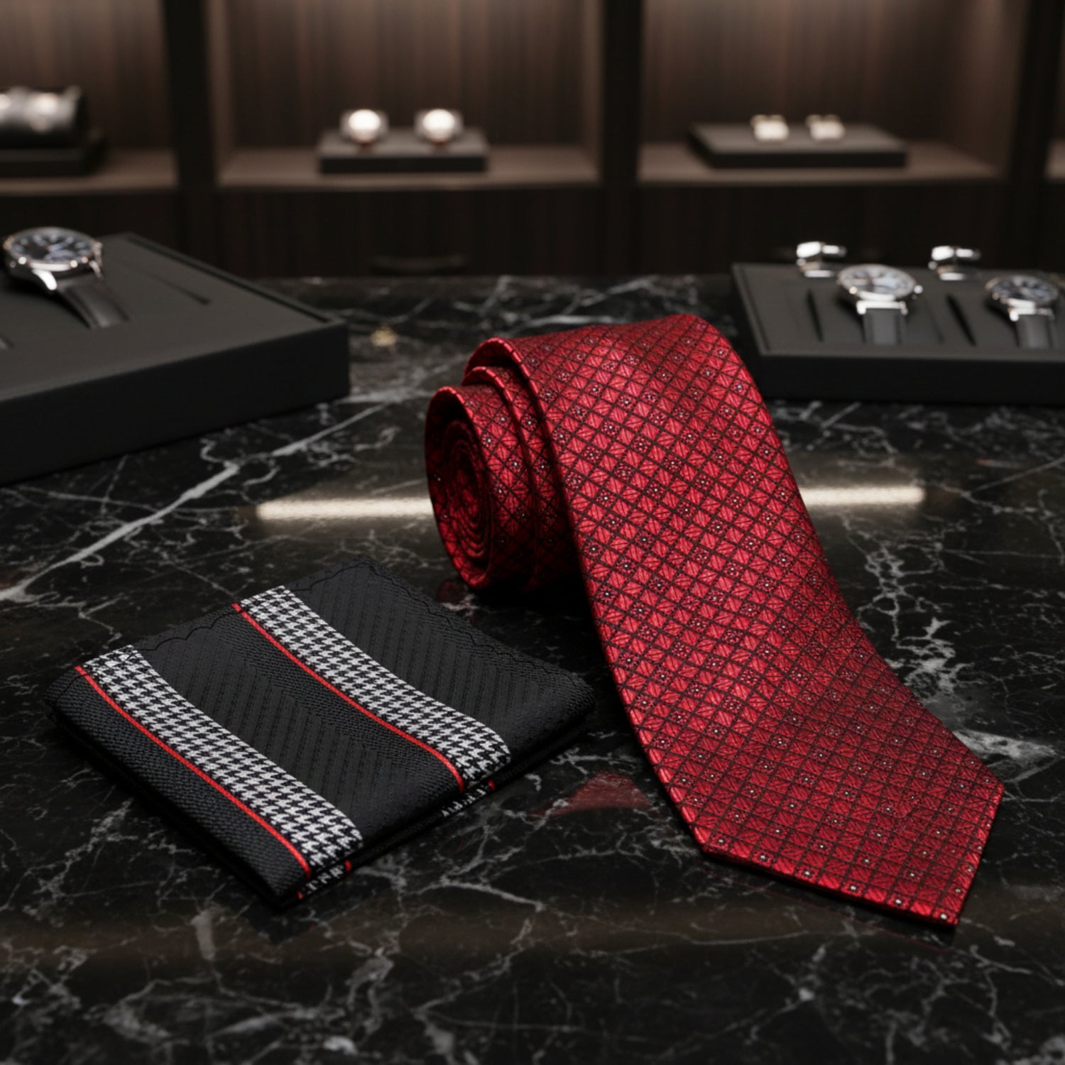 Alt View: Deep Red Geometric Tie with Accenting Black, Grey, Red Pocket Square