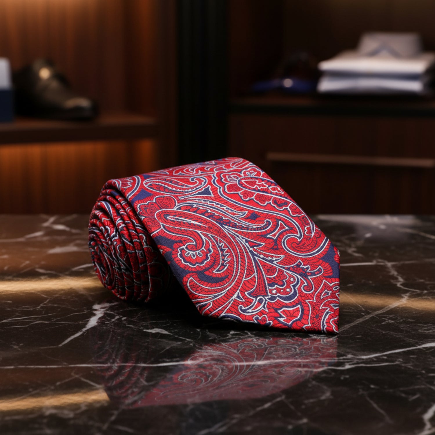 A Red, Dark Blue Paisley Pattern Necktie