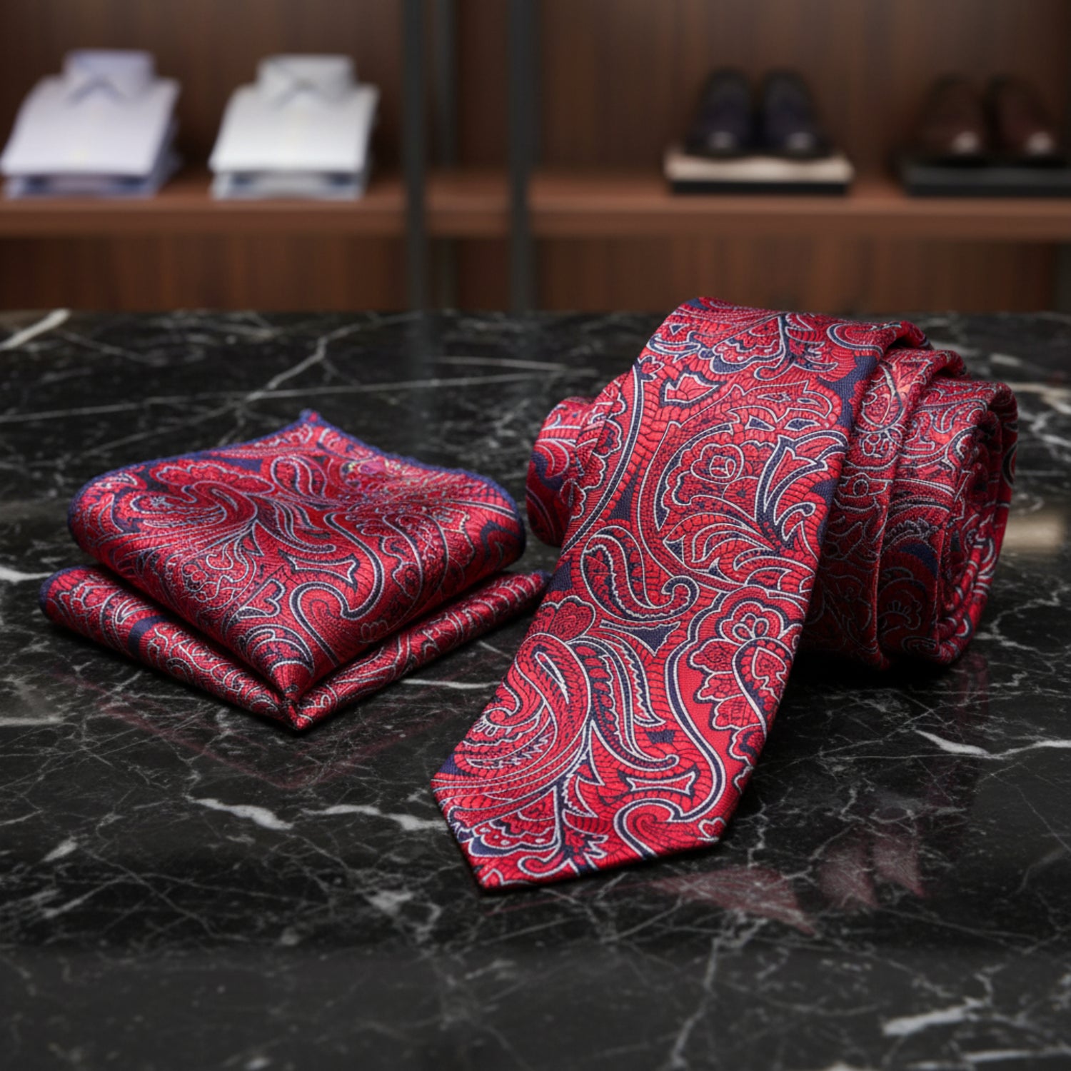 Alt View: A Red, Dark Blue Paisley Pattern Necktie, Matching Pocket Square