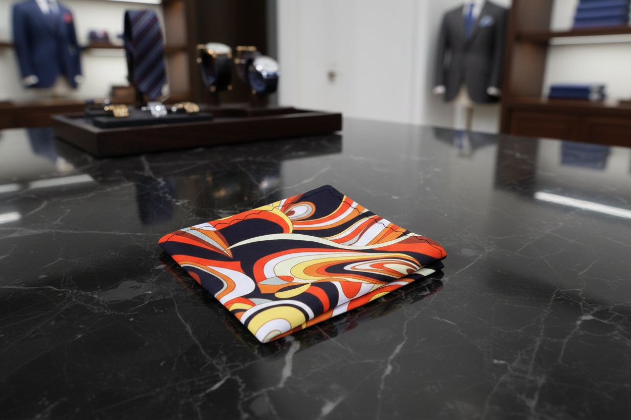 A Black, Orange, White Abstract Pattern Pocket Square