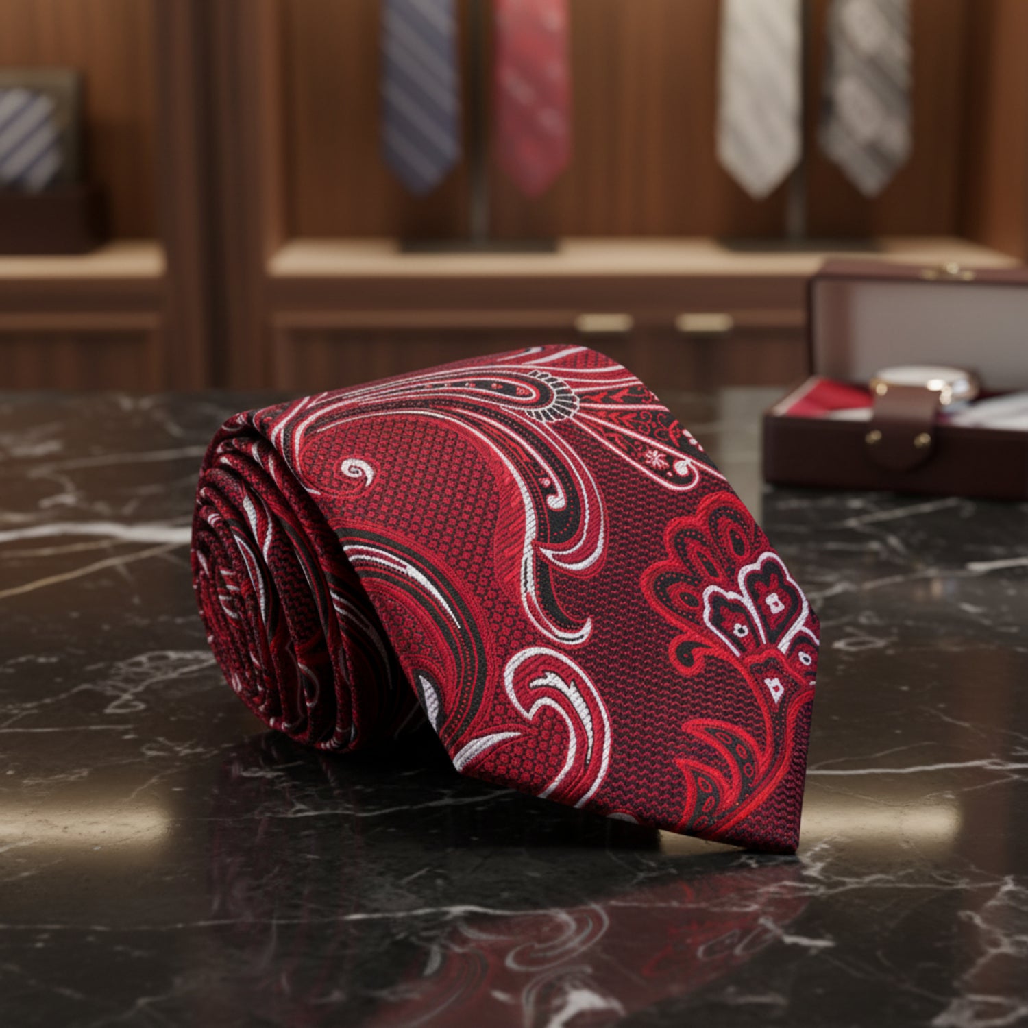 A Red, White, Black Color Paisley Pattern Necktie 