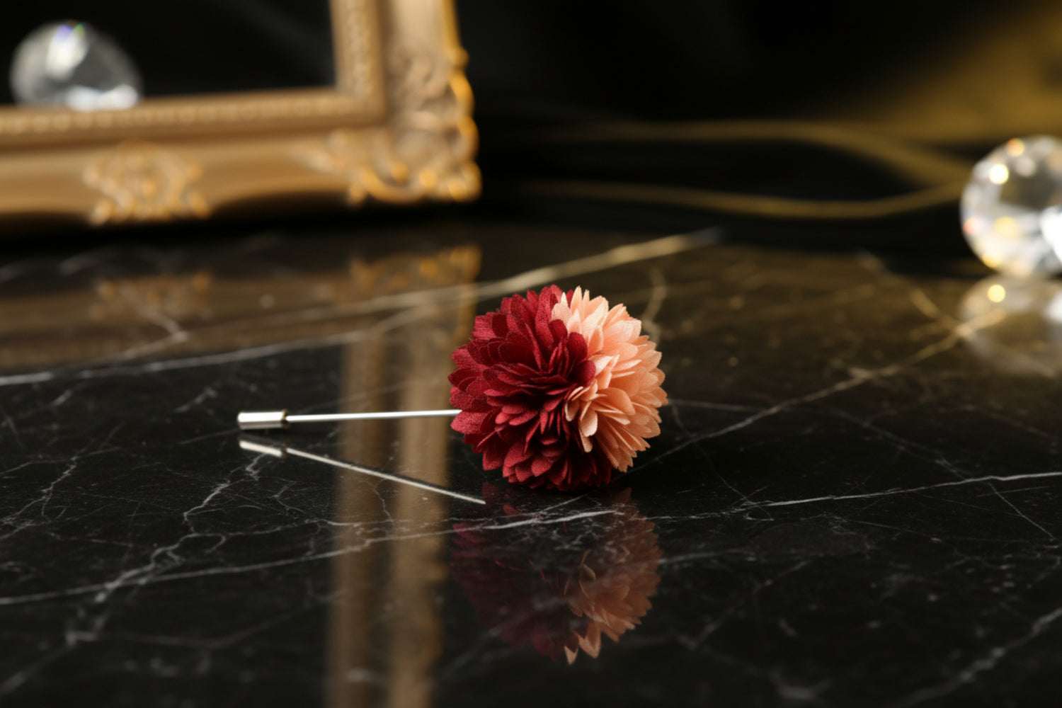 Main View: A Red, Peach Thin Petal Lapel Flower