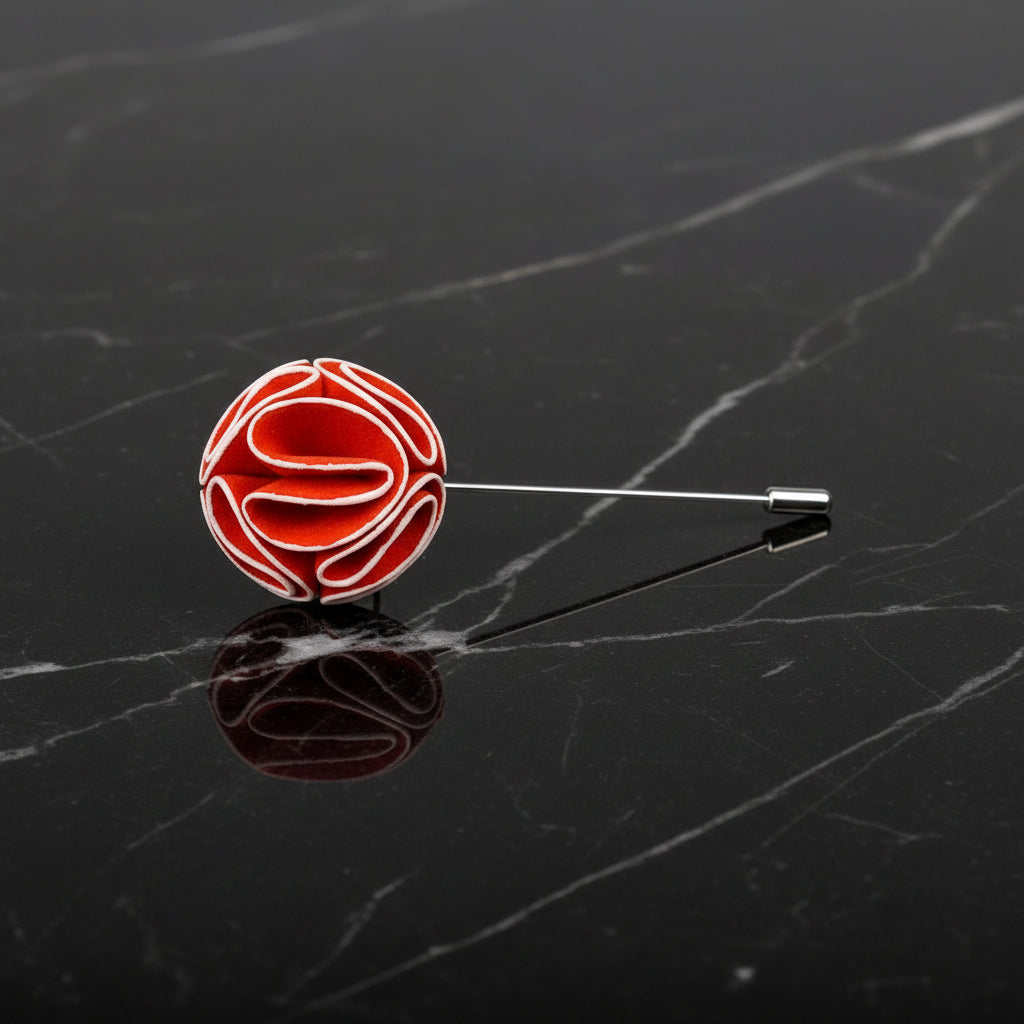 Main View: A Red, White Leafy Petal Flower Shaped Lapel Pin||Red, White