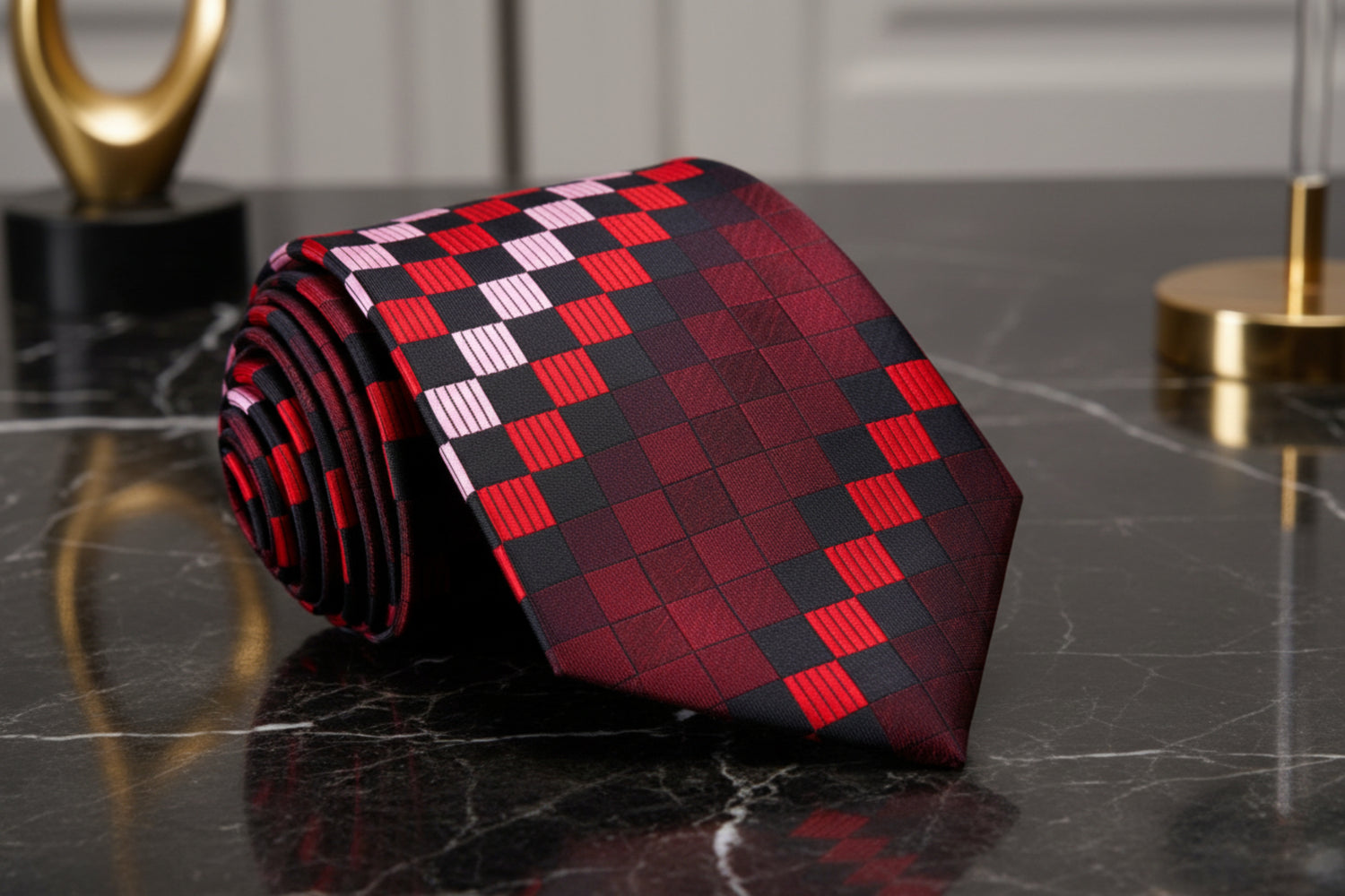 A Red, Black Geometric Squares Pattern Necktie 