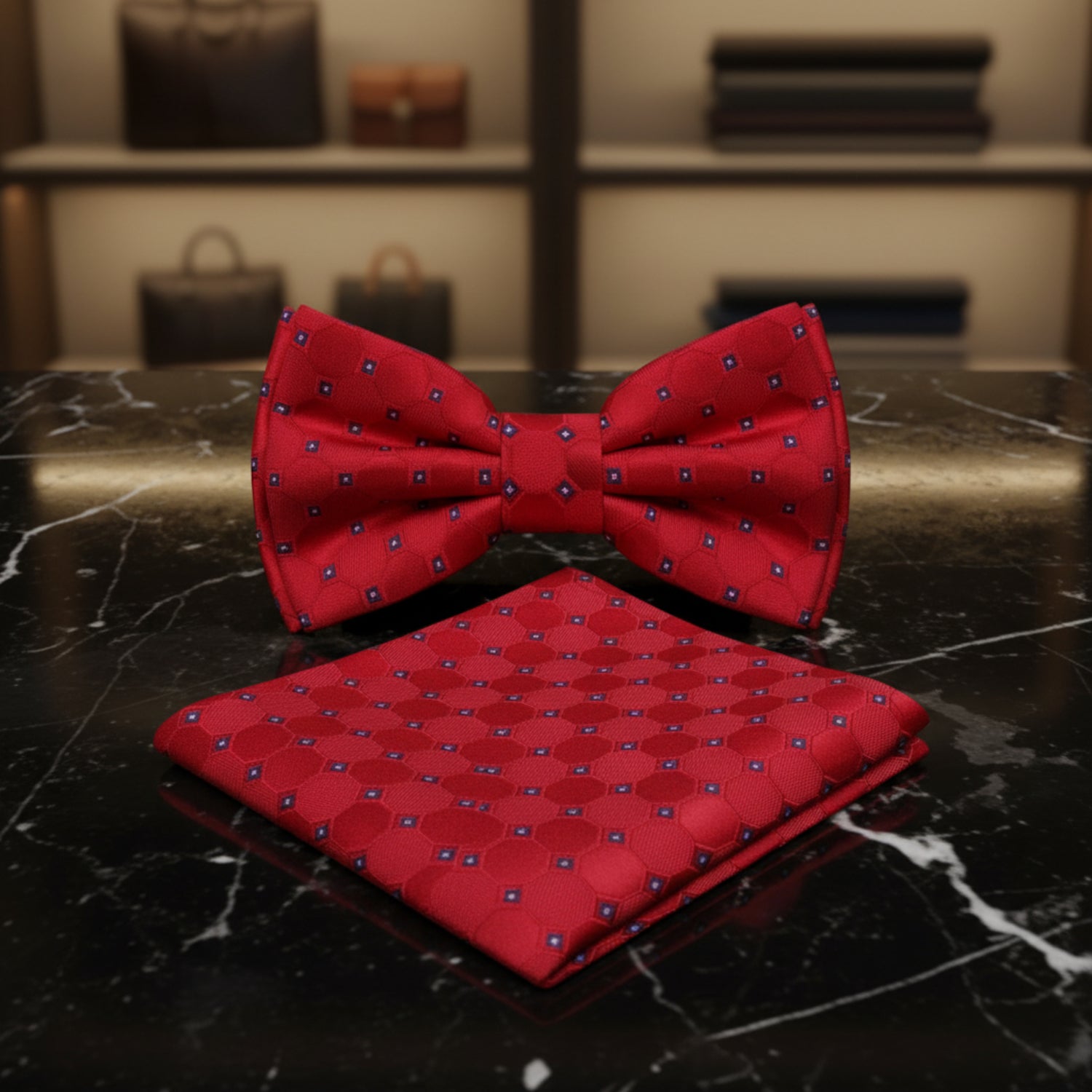 A Red, Black, White Color With Geometric and Small Check Pattern Kids Pre-Tied Bow Tie, Matching Pocket Square