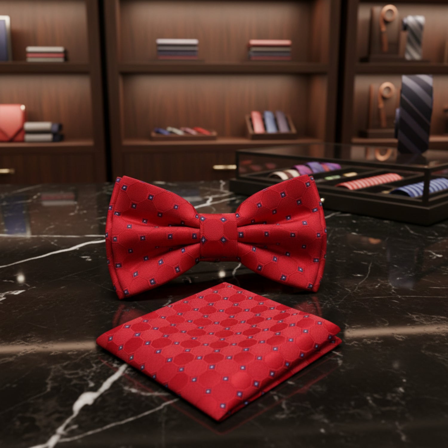 Red Geometric Bow Tie and Pocket Square