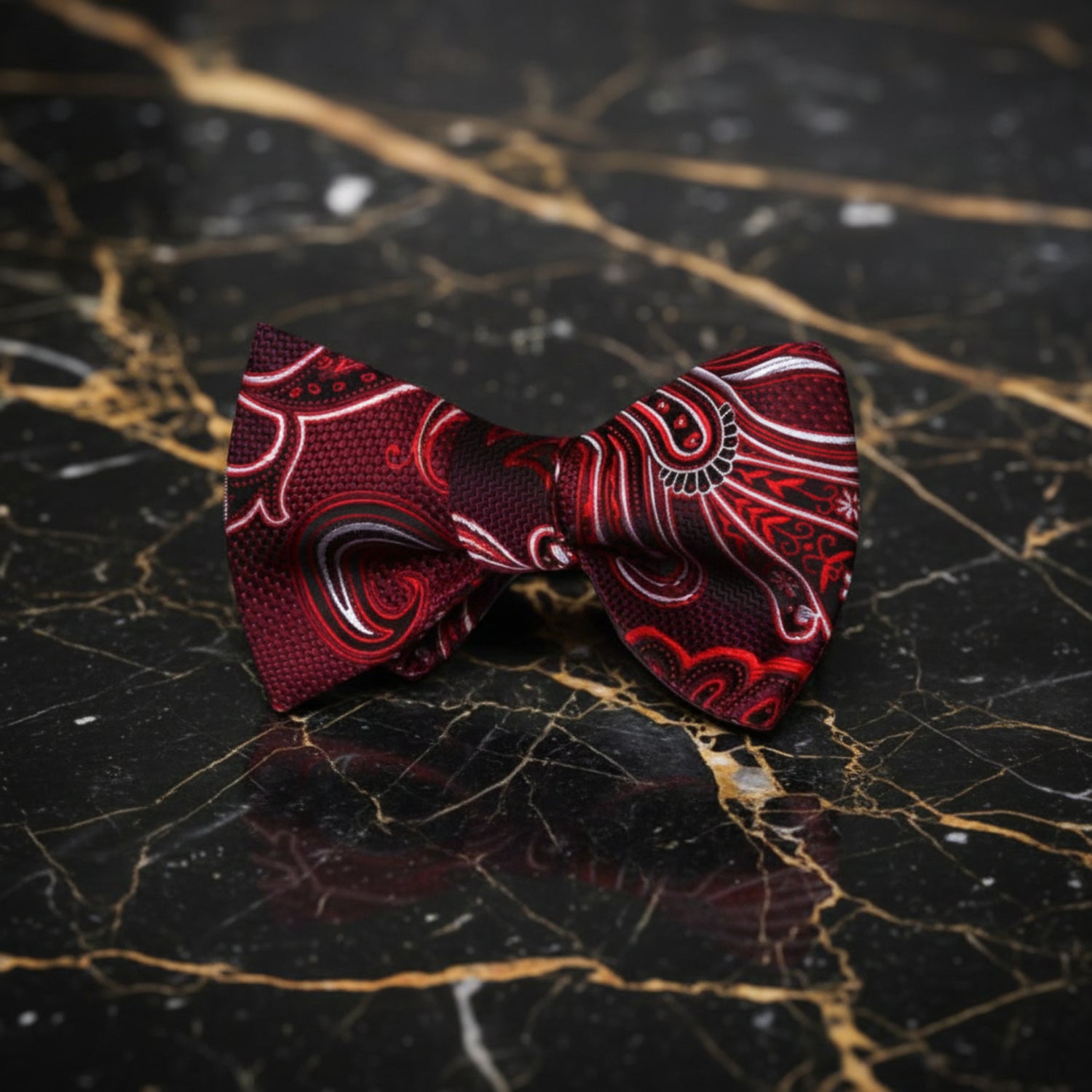 A Red, White, Black Paisley Pattern Silk Self Tie Bow Tie 