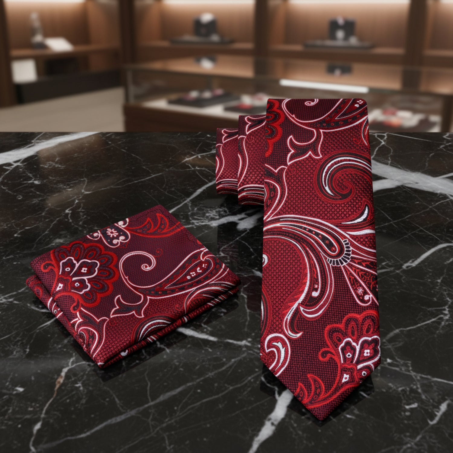 Alt View: A Red, White, Black Color Paisley Pattern Necktie, Matching Pocket Square