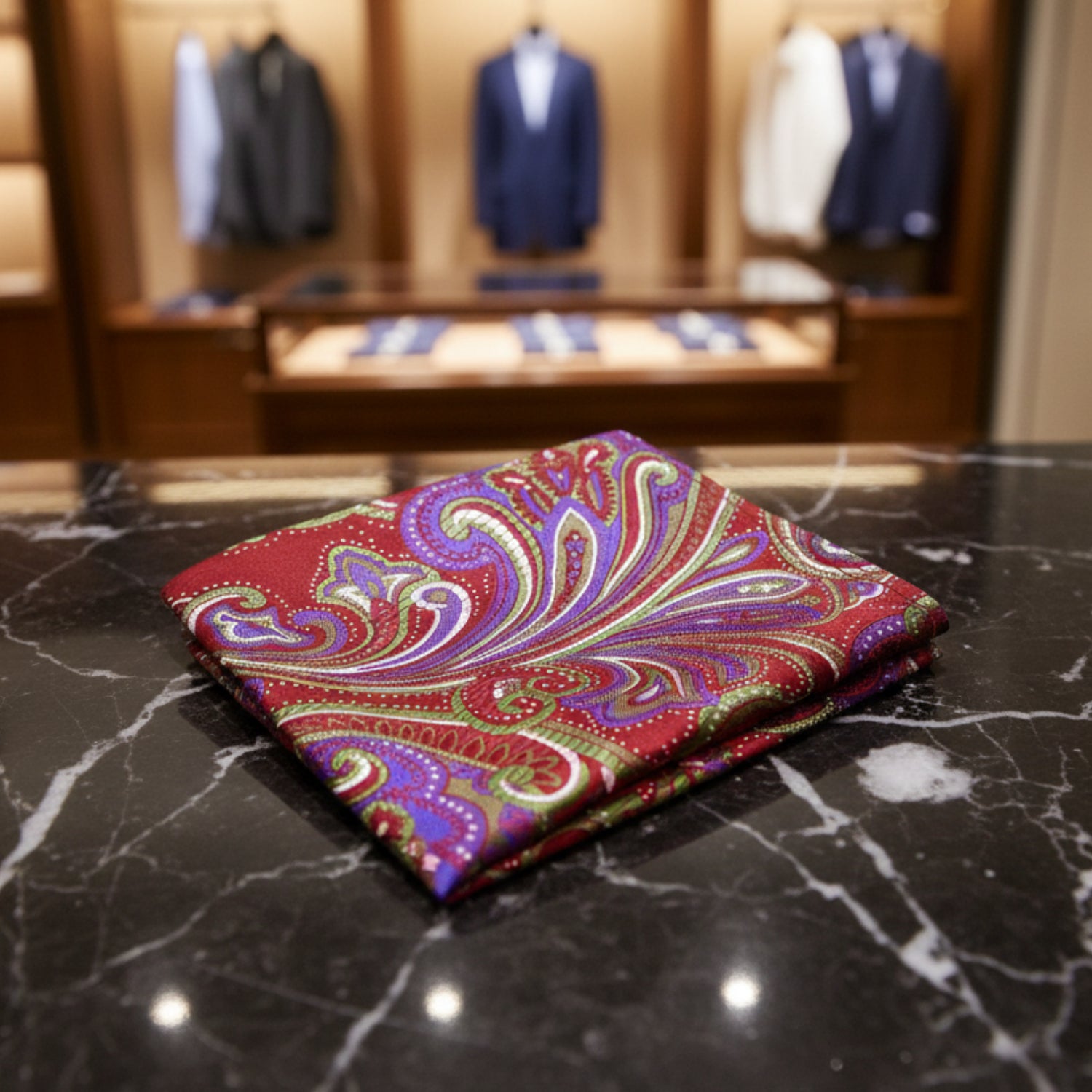 A Red, Purple, Green Paisley Pattern Pocket Square