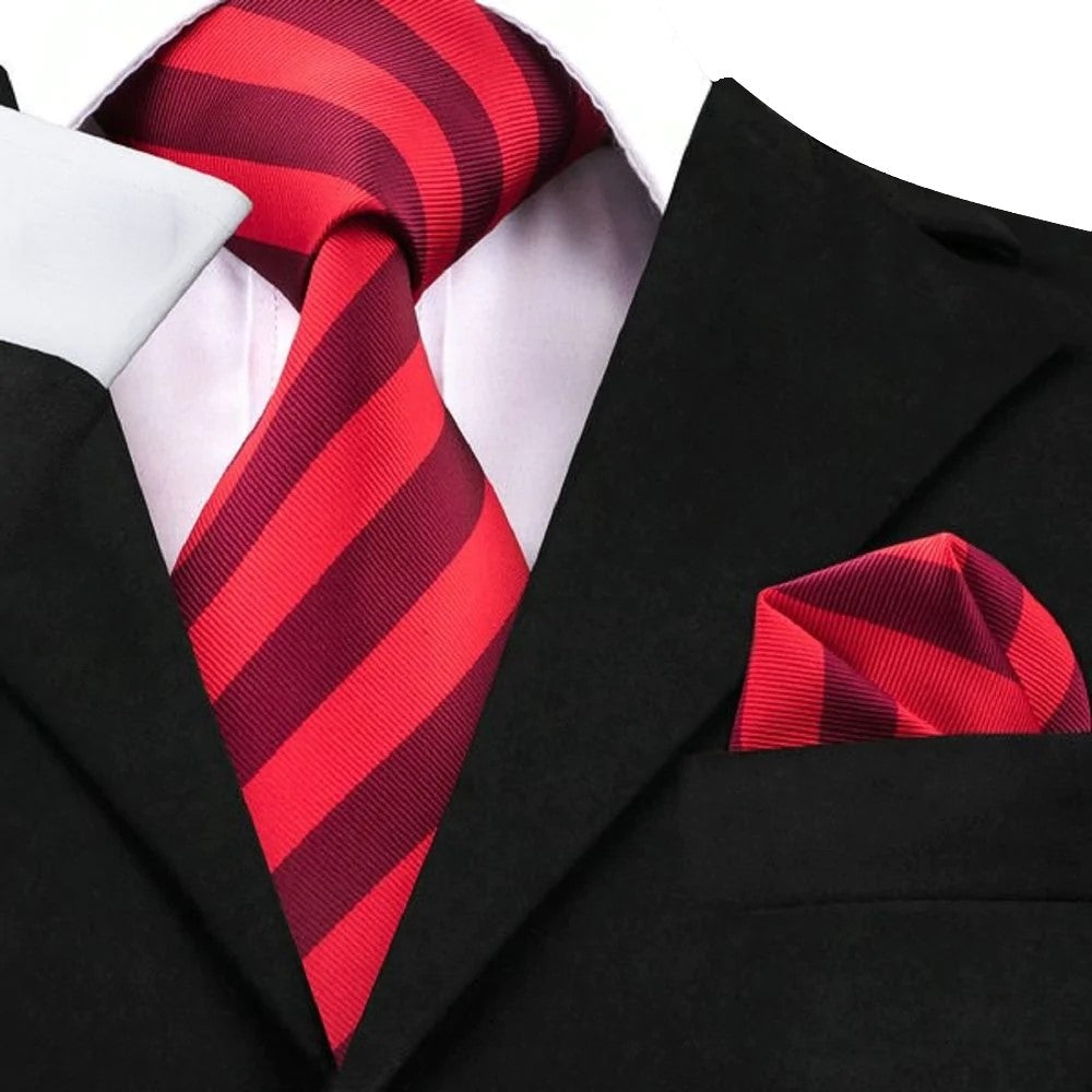 A Red, Dark Red Stripe Pattern Silk Necktie, Pocket Square