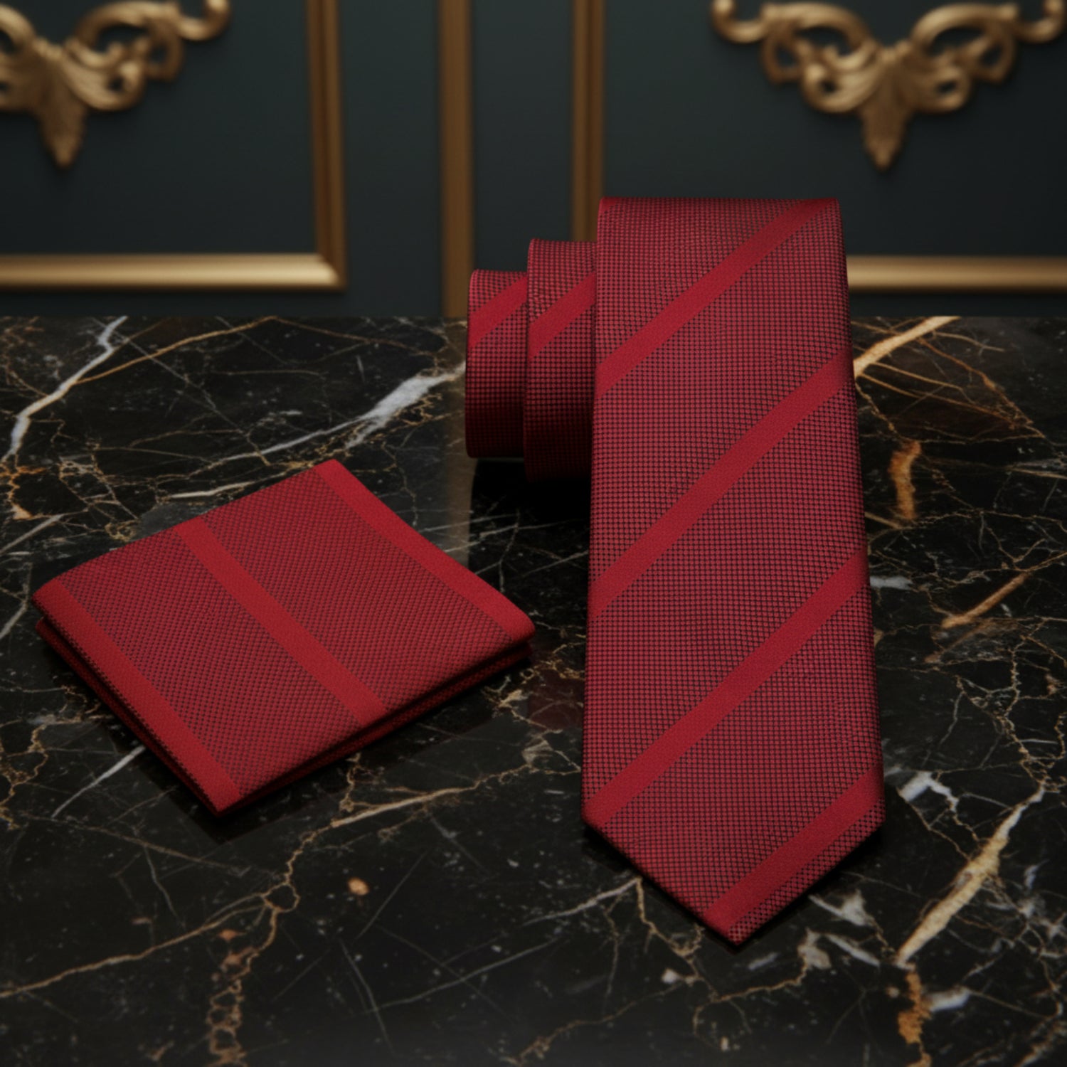 Alt View: Scarlet Red Stripe Tie and Pocket Square