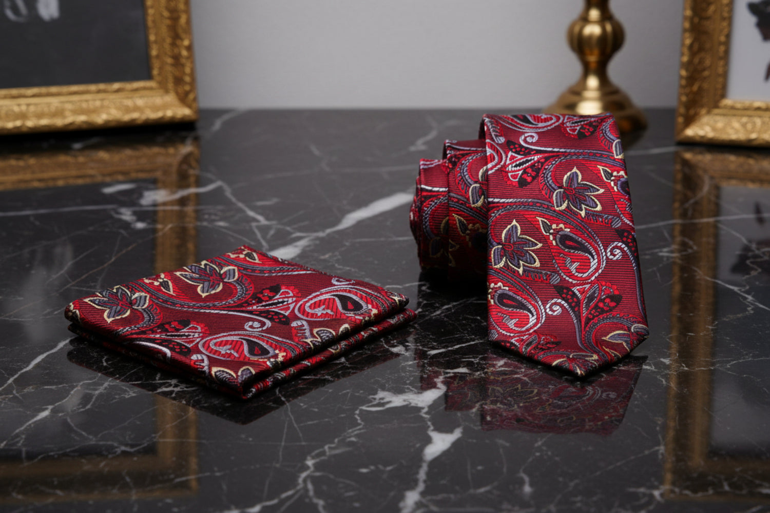 View 2: Red Paisley Tie and Pocket Square