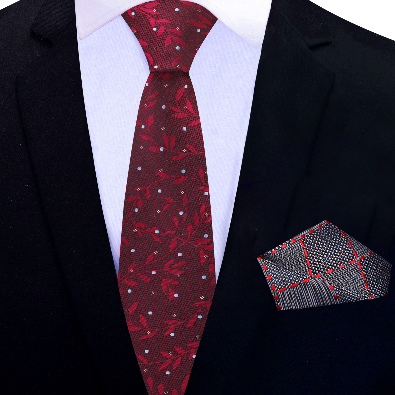 Thin Tie: Deep Red Vines Necktie with Accenting Pocket Square