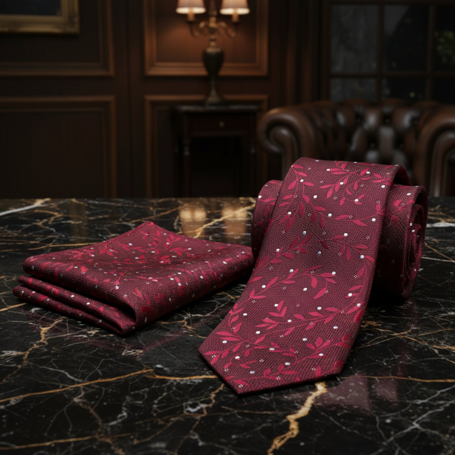Alt view: Deep Red Vines Necktie with Matching Pocket Square