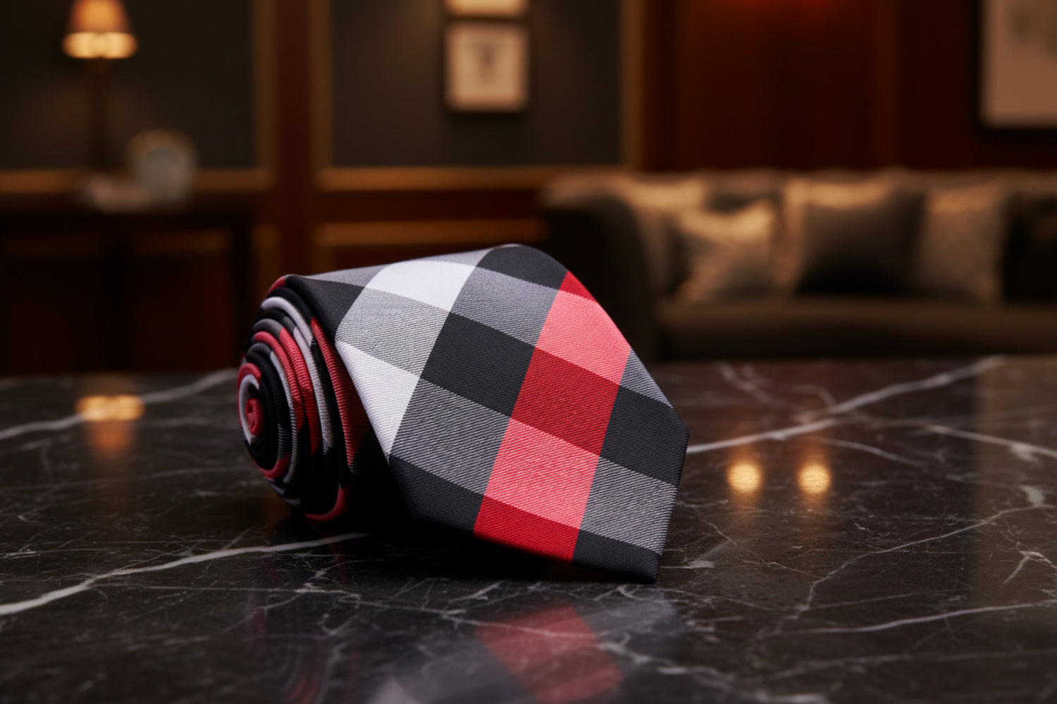 A Red, Black, Grey Plaid Pattern Necktie 