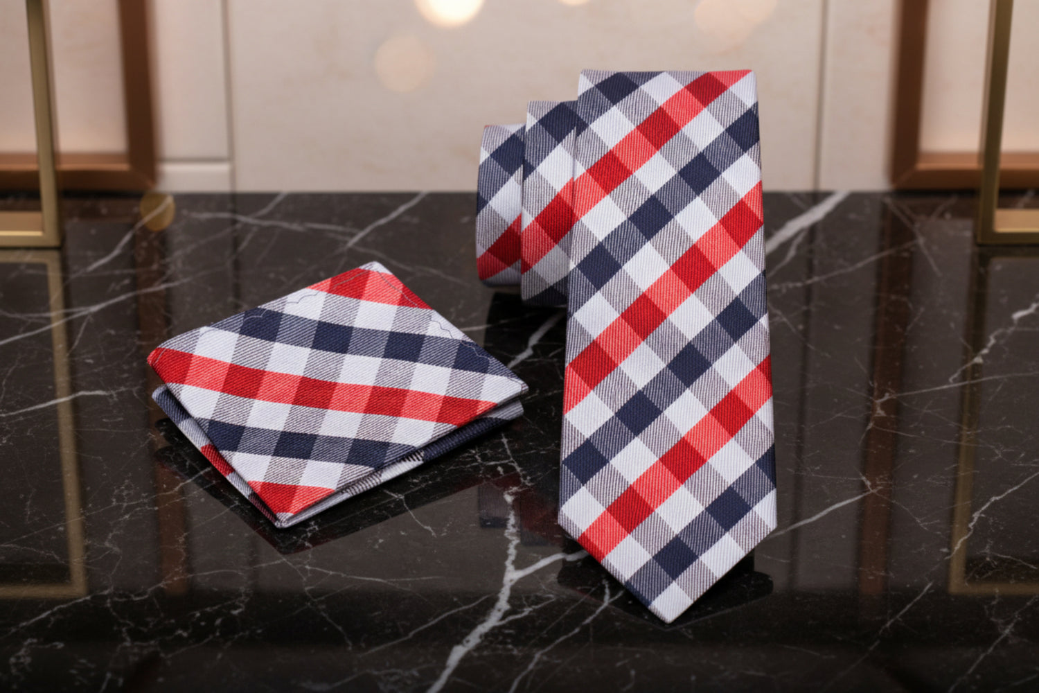 Alt View: A Red, White, Blue Small Geometric Checker Pattern Necktie, With Matching Pocket Square