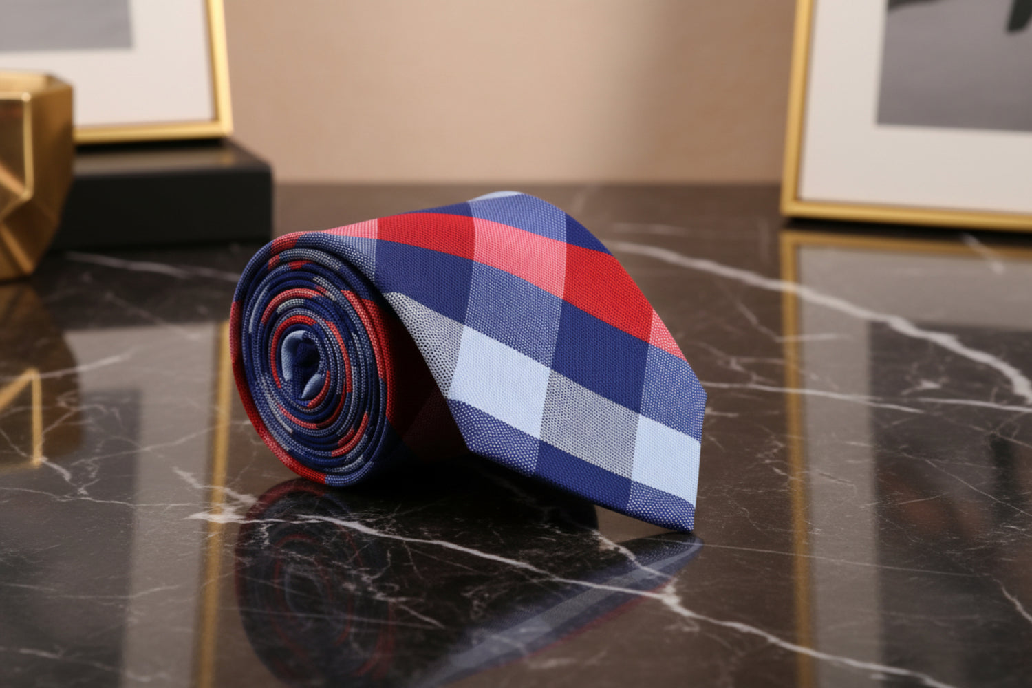 A Red, White, Blue Plaid Pattern Necktie