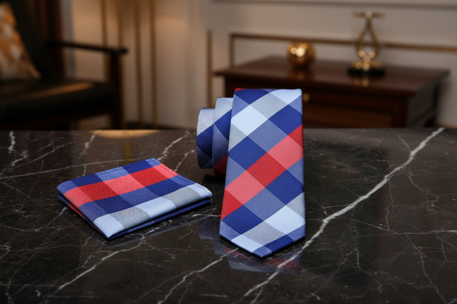 Alt View: A Red, White, Blue Plaid Pattern Necktie, Matching Pocket Square