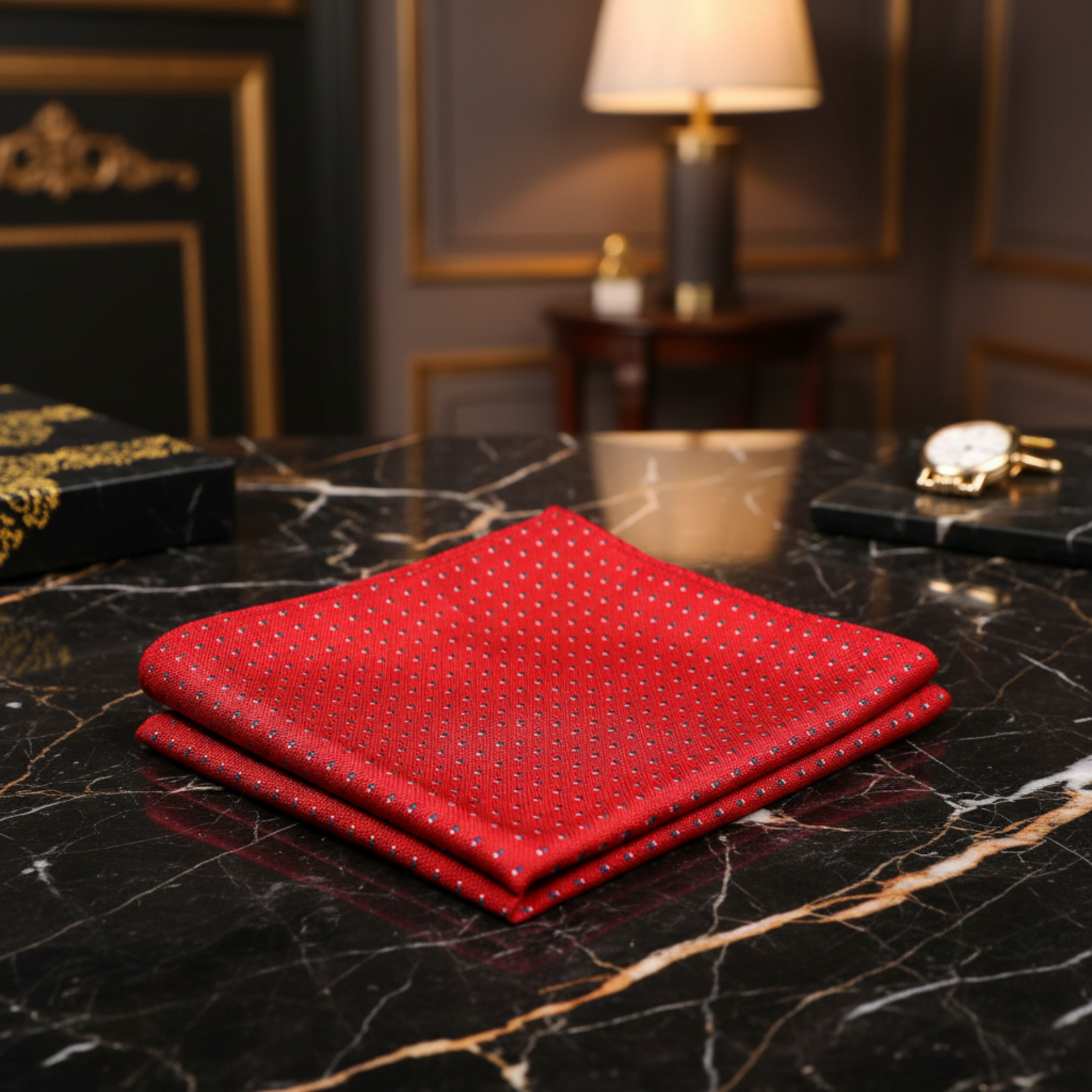 A Red, White, Blue Polka Pattern Silk Pocket Square