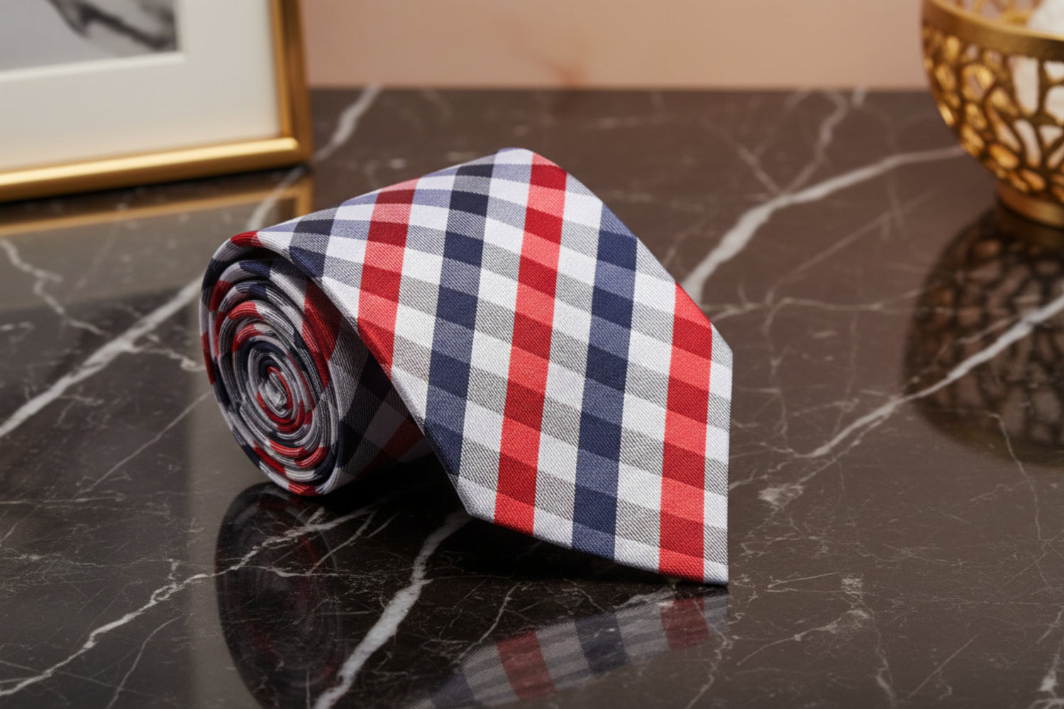 A Red, White, Blue Small Geometric Checker Pattern Necktie 