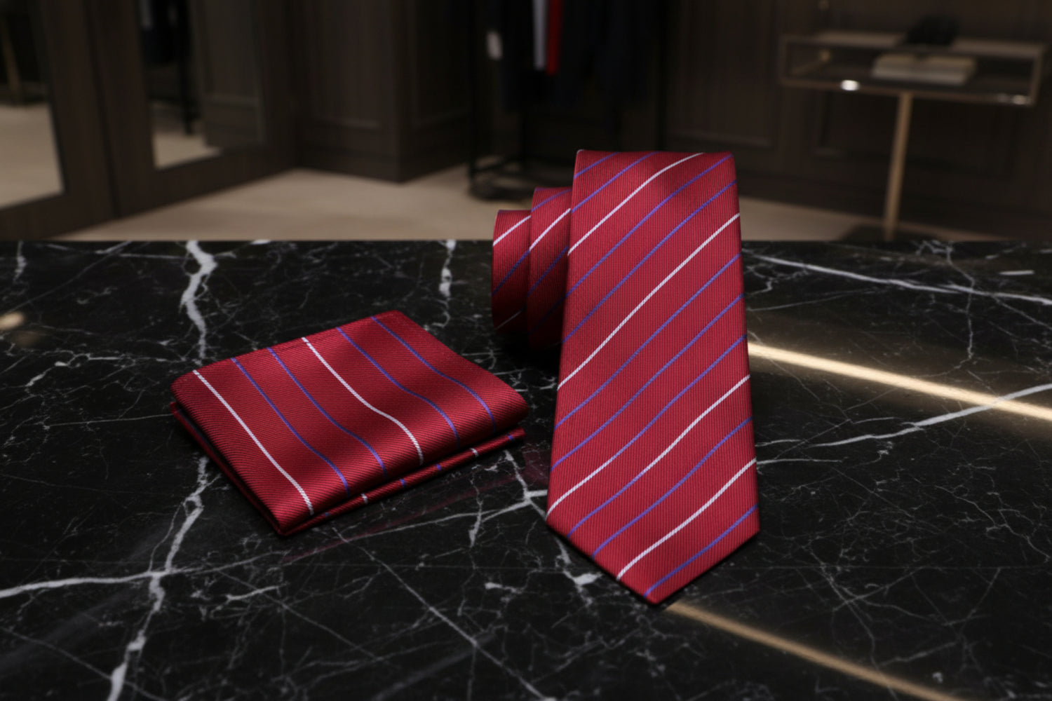 Alt View: A Red, White, Blue Stripe Pattern Necktie, Matching Pocket Square