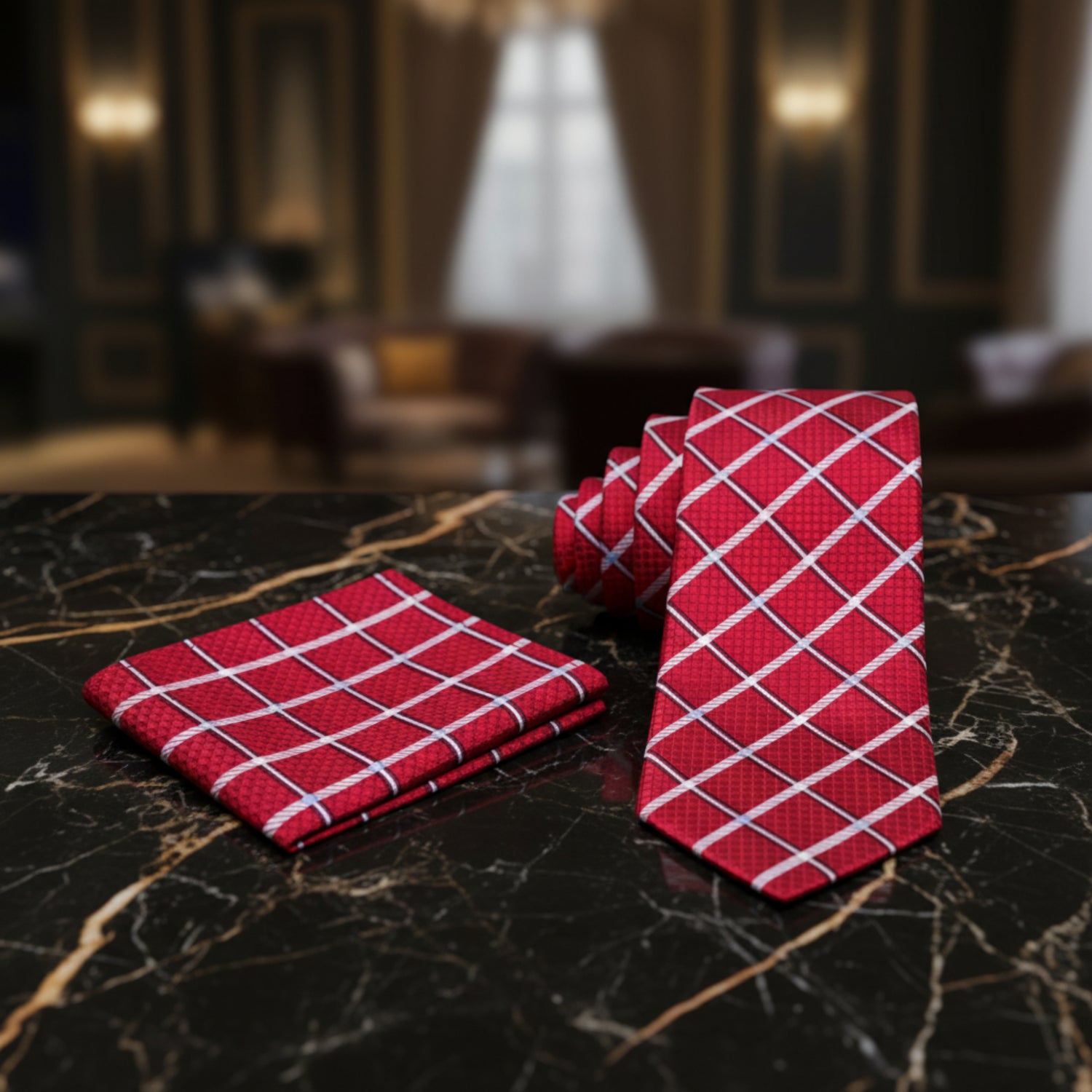 Alt View: Red Geometric Tie and Pocket Square