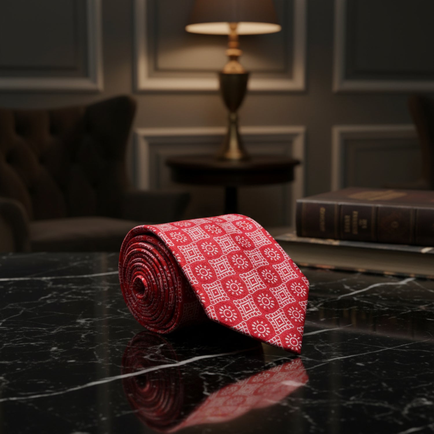 A Red Abstract Sun and Shapes Necktie
