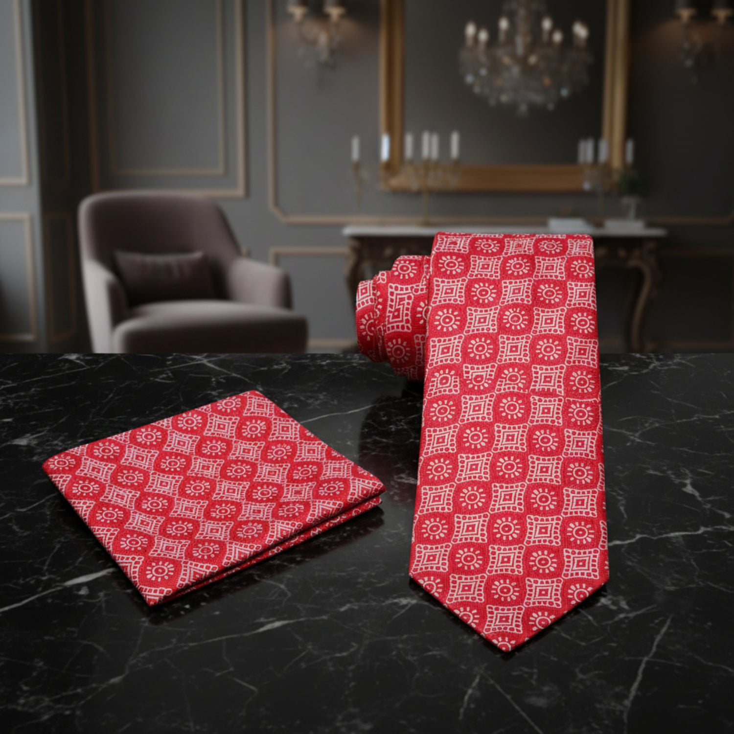 View 2: A Red Abstract Sun and Shapes Necktie, Matching Pocket Square