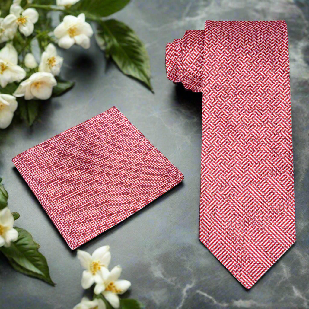 Alt View: A Red, White Houndstooth Pattern Necktie, Matching Pocket Square