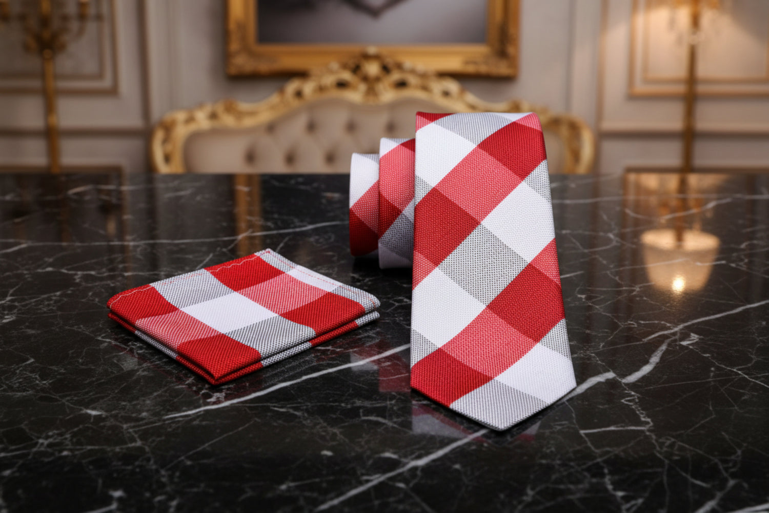 Alt View: A Red, White Plaid Pattern Necktie, Matching Pocket Square