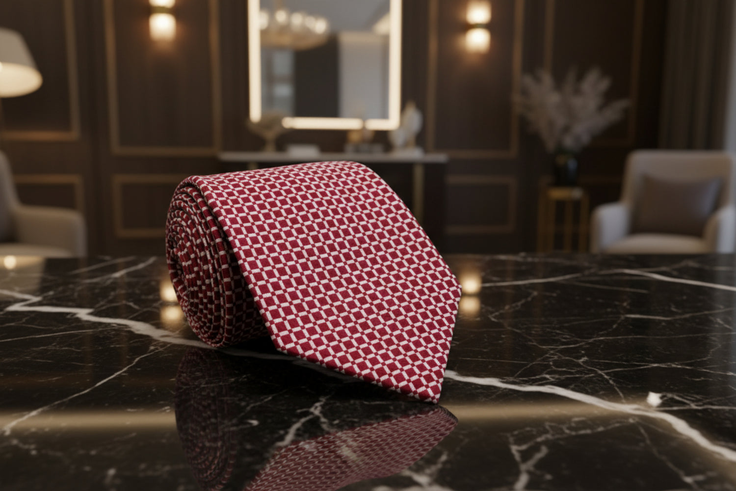A Red, White Small Geometric Check Pattern Necktie