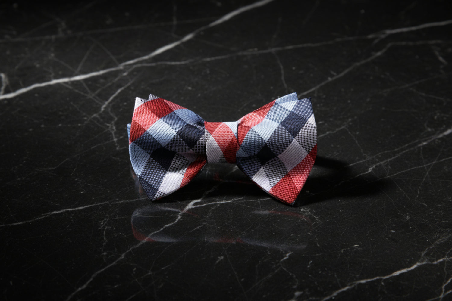 A Red, White, Blue Geometric Check Pattern Self Tie Bow Tie 