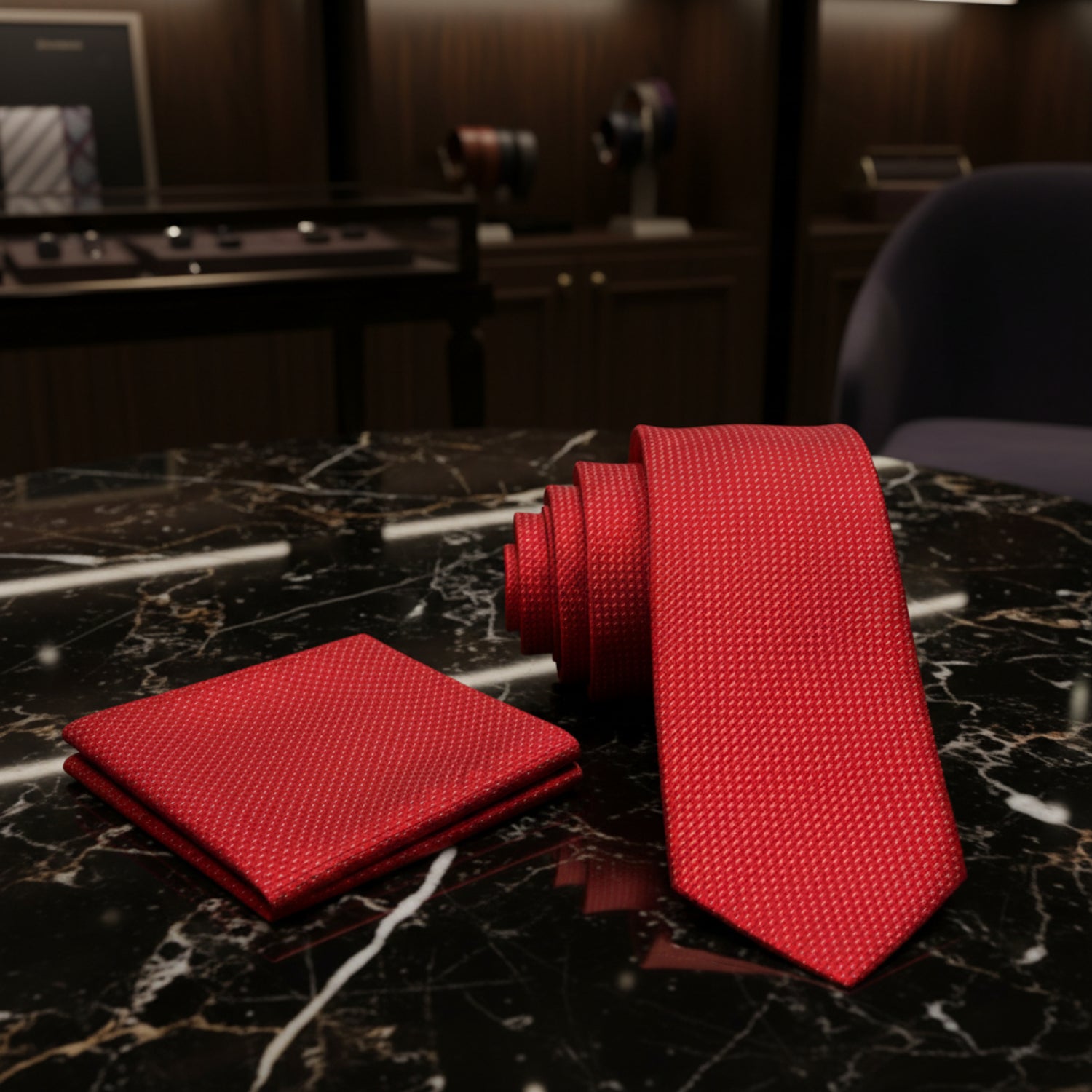 Alt view: Red with White Dots Tie and Pocket Square