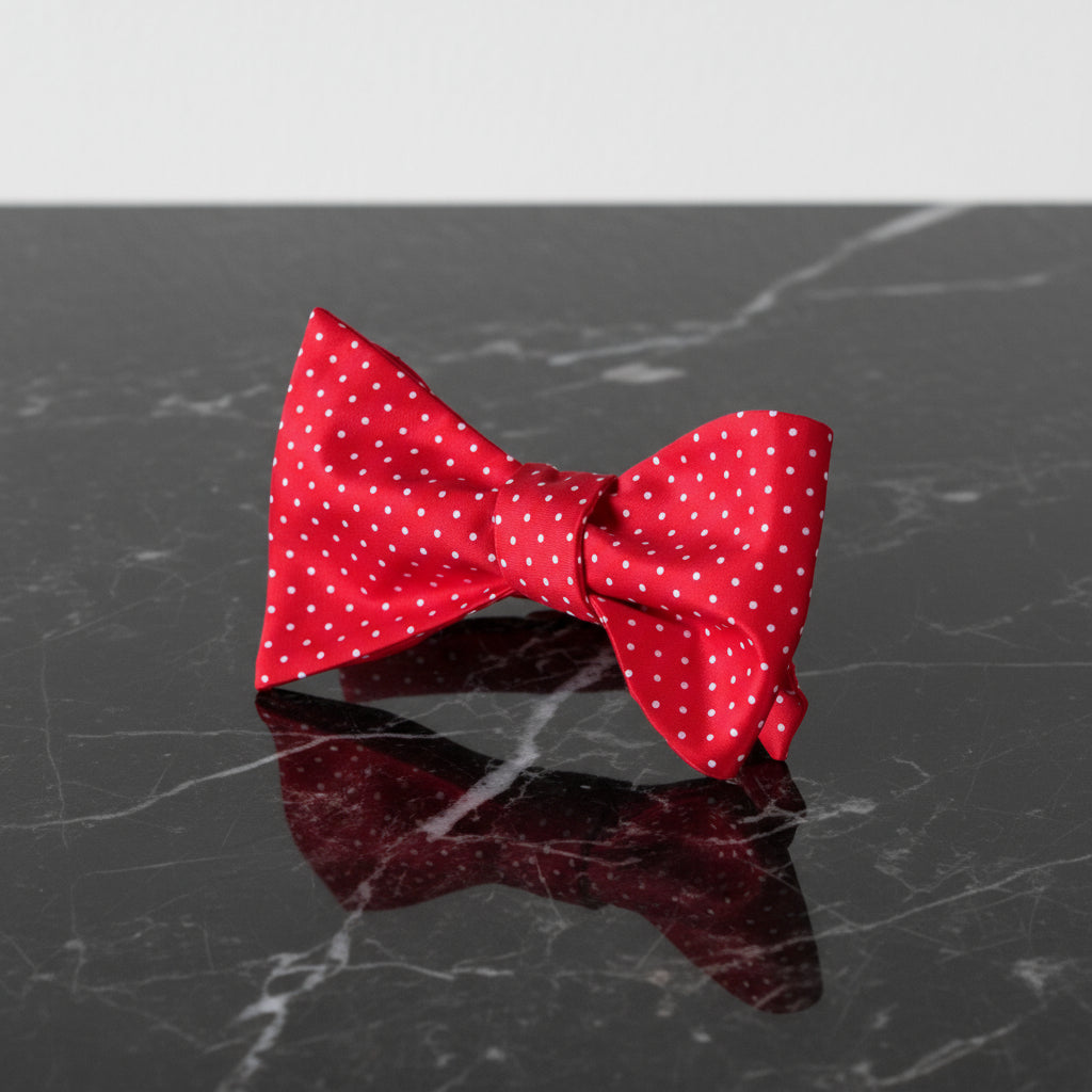 A Red, White Polka Dot Pattern Silk Self Tie Bow Tie,