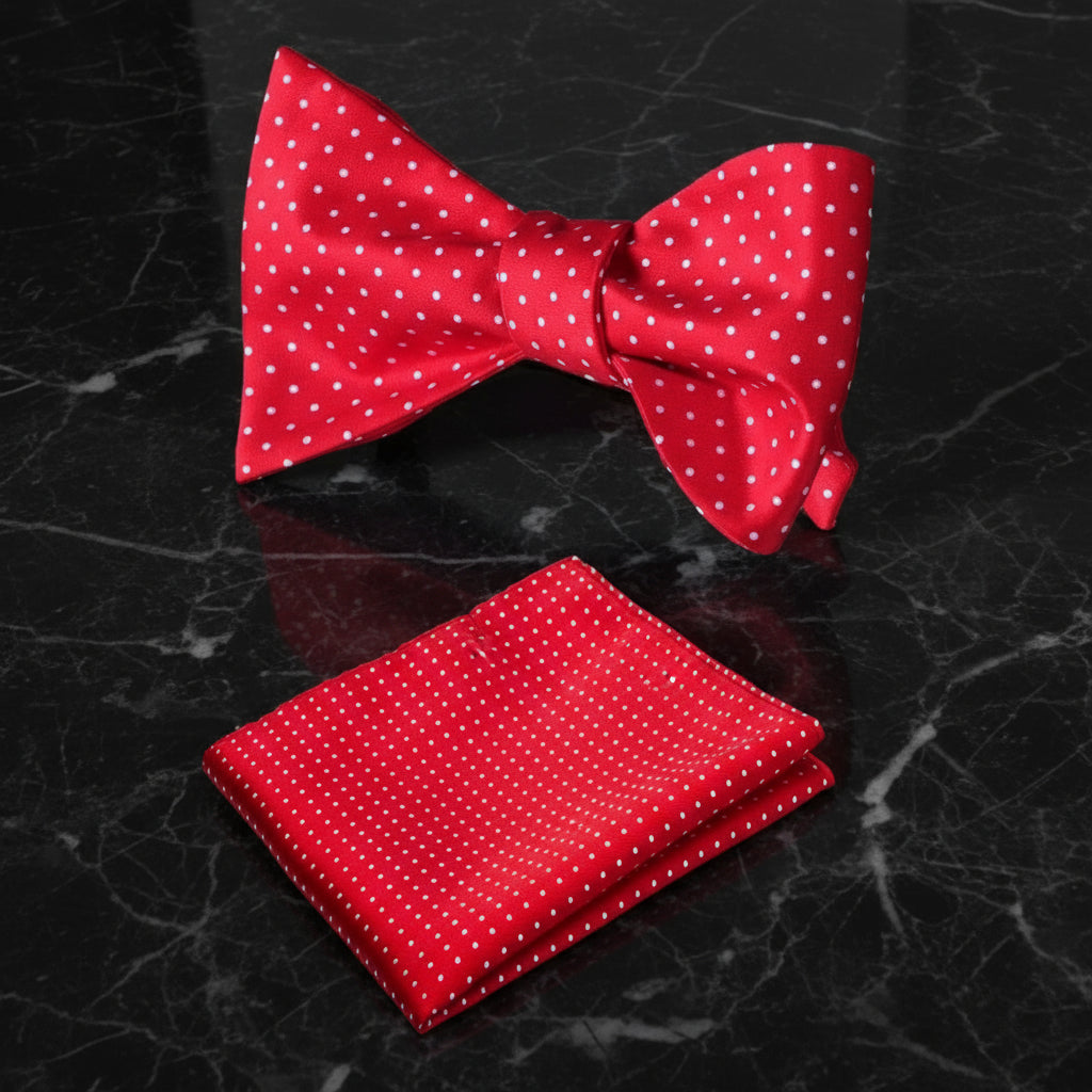 A Red, White Polka Dot Pattern Self Tie Bow Tie, Matching Pocket Square