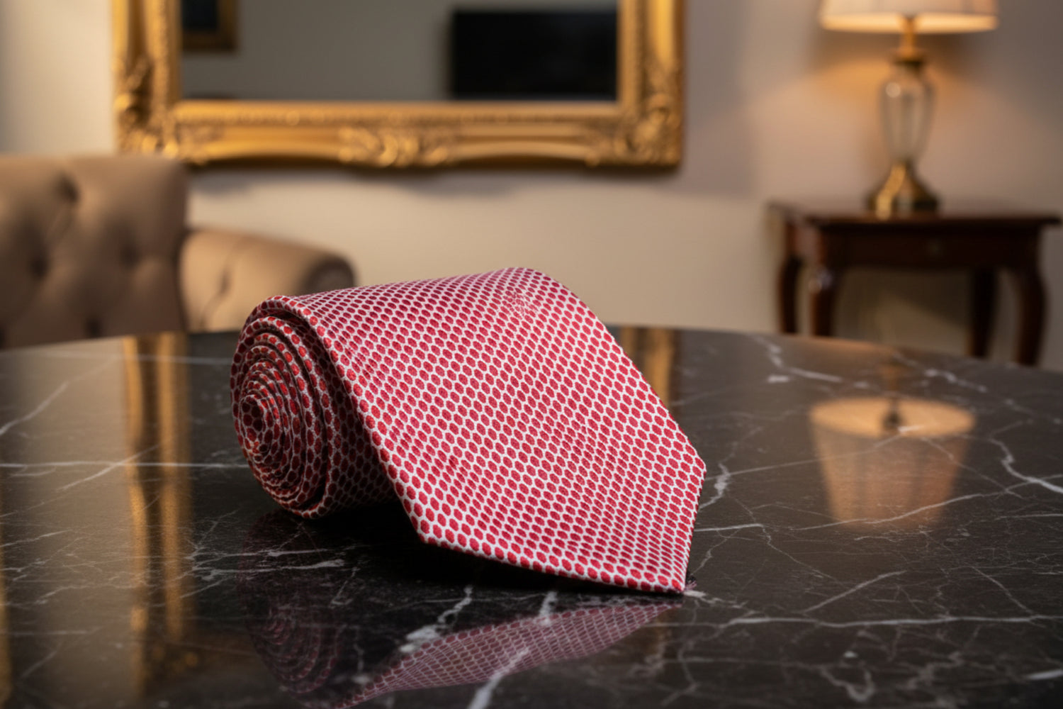 A Red, White Geometric Oval Shaped Pattern Necktie