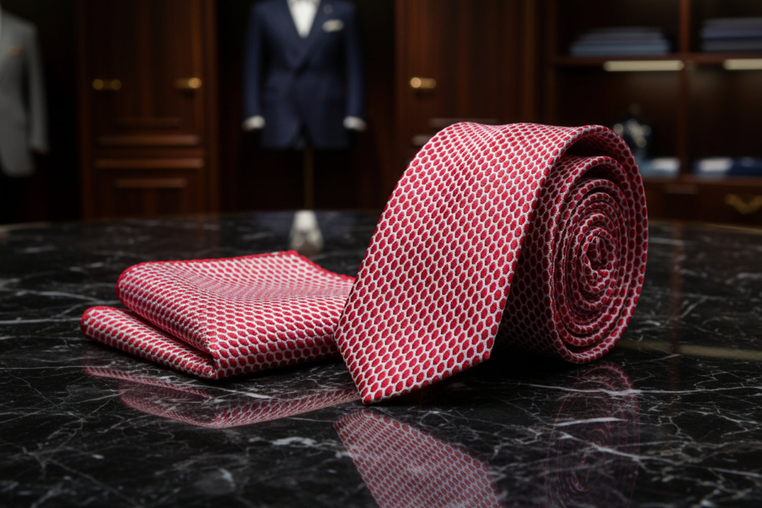 Alt View: A Red, White Geometric Oval Shaped Pattern Necktie, Matching Pocket Square