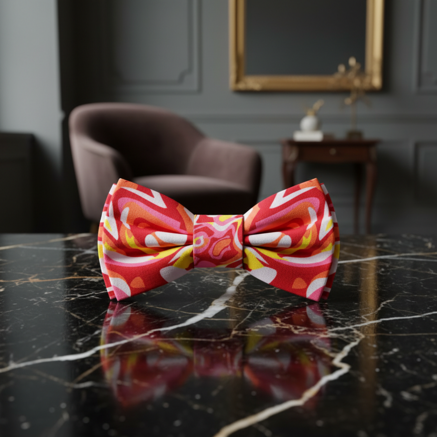 A Red, Yellow, White, Pink, Orange Abstract Bow Tie