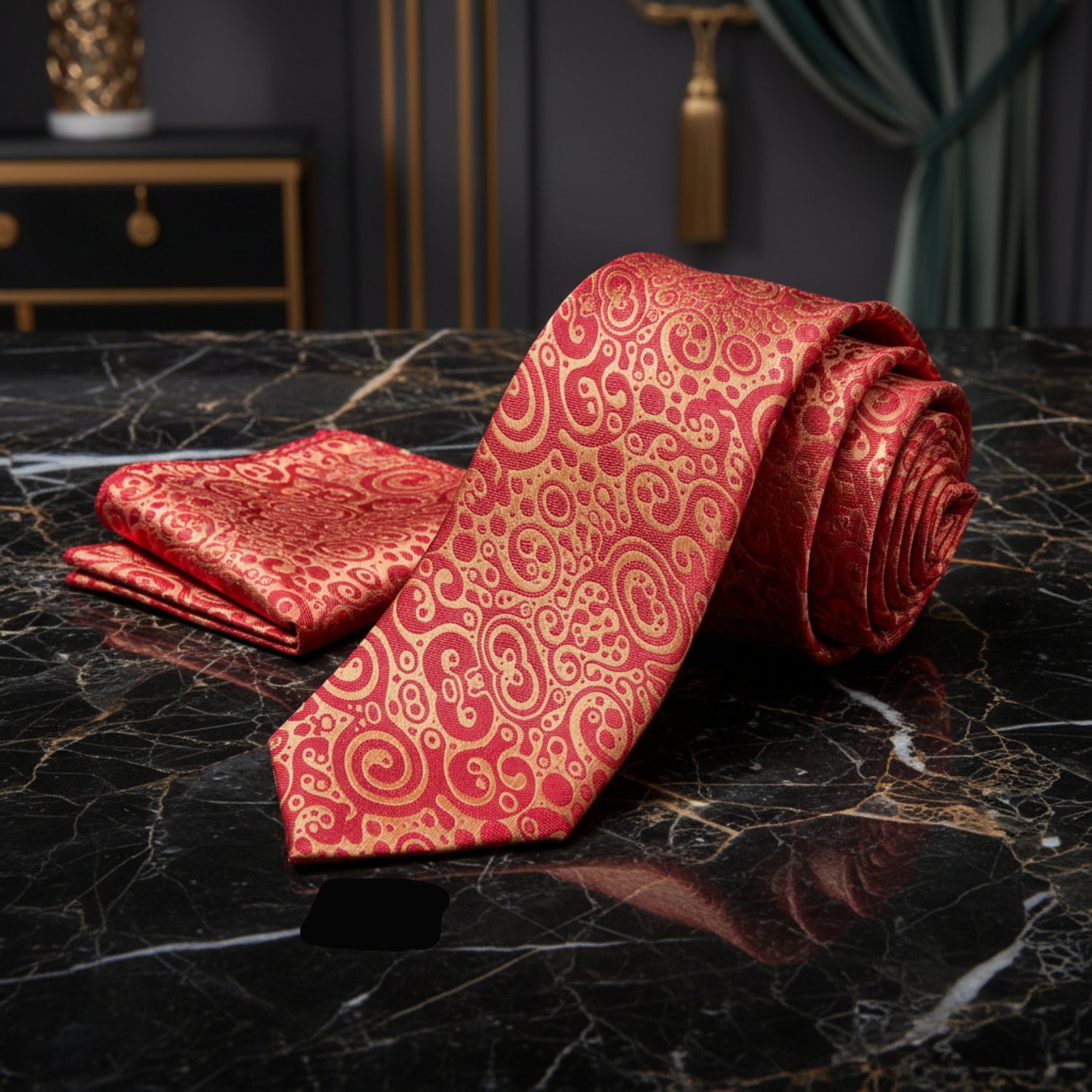 Alt View: Red, Orange Abstract Tie and Pocket Square