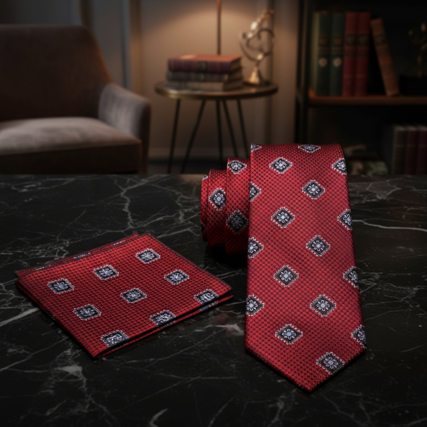 Alt View: Red Geometric Medallion Tie and Pocket Square