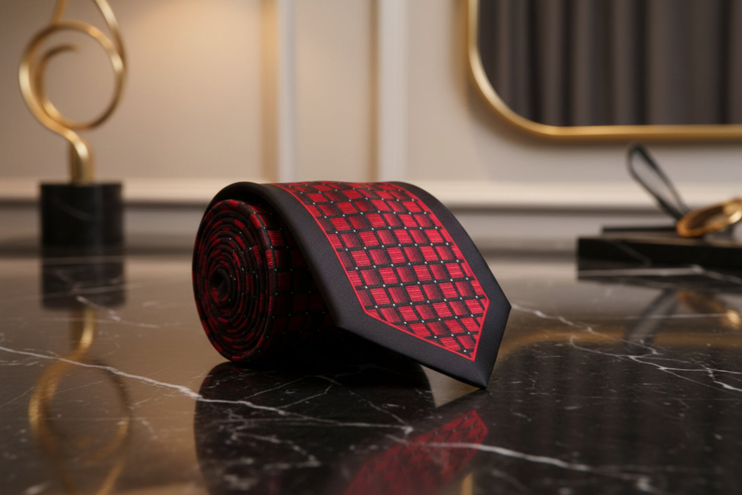 A Red and Black Checker Pattern Necktie  