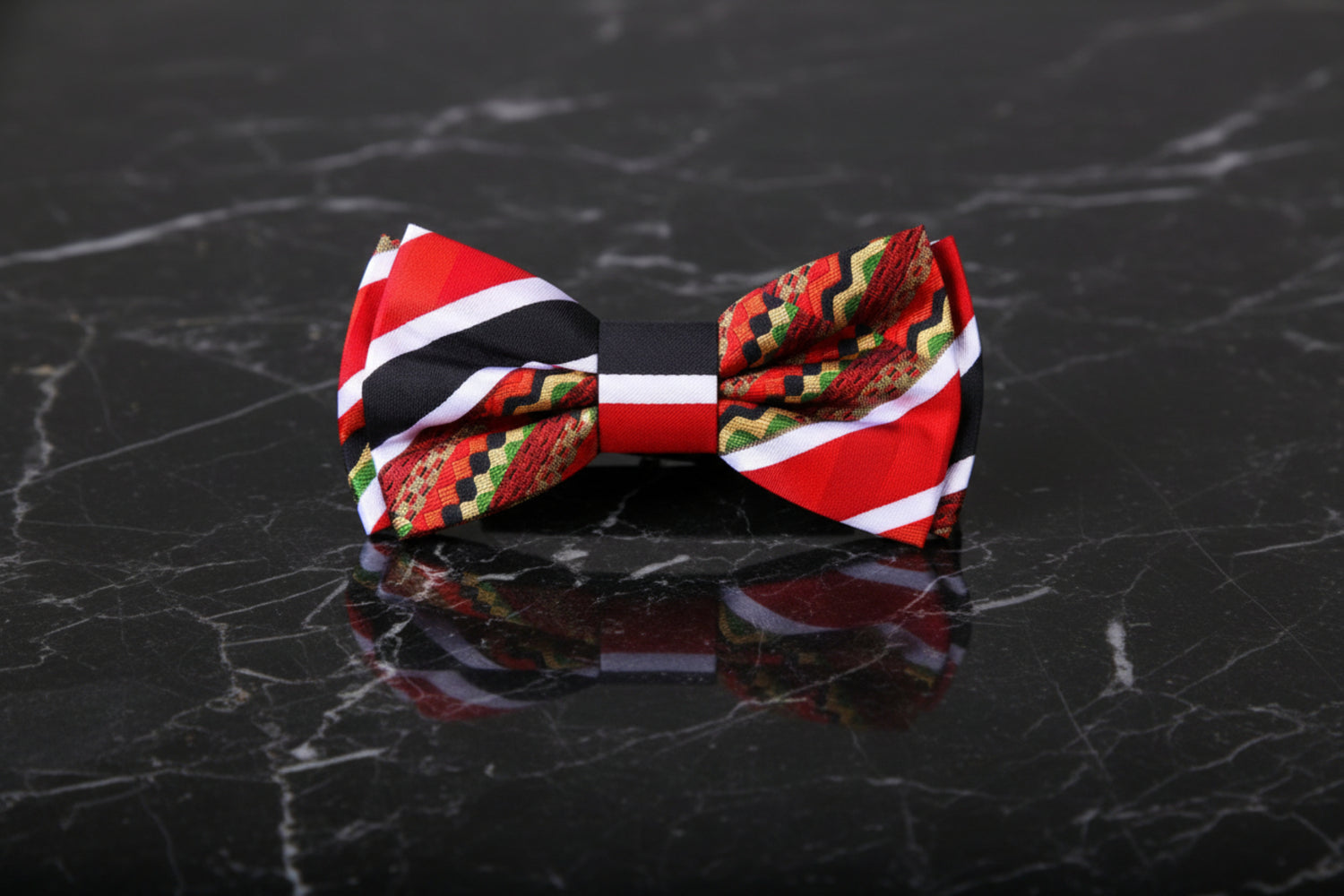A Red, Black, White, Light Gold, Green, Brown Color Abstract Pattern Bow Tie