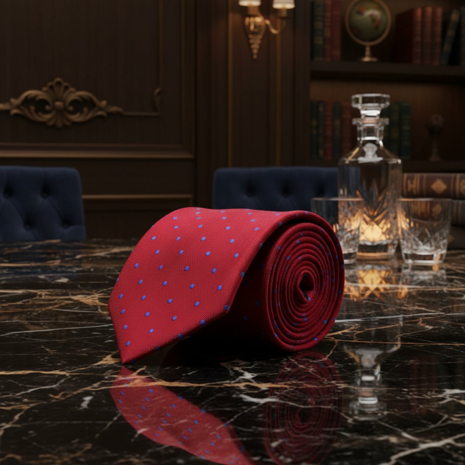 Red Blue Dots Tie||Red with Blue Dots