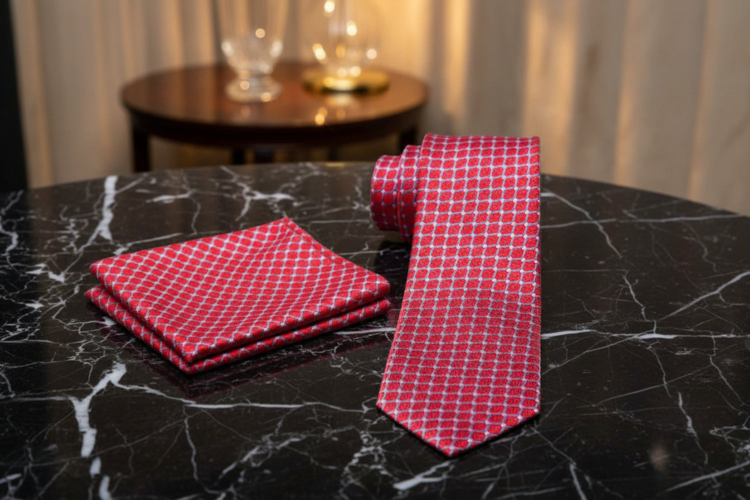 Alt View: A Red, White, Light Blue Geometric Pattern Pattern Necktie, Matching Pocket Square