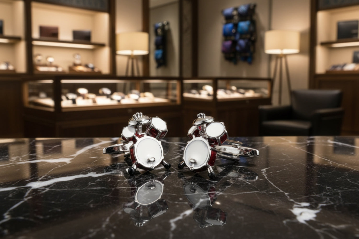 A Red, White, Chrome Color Drum Shape Cuff-links