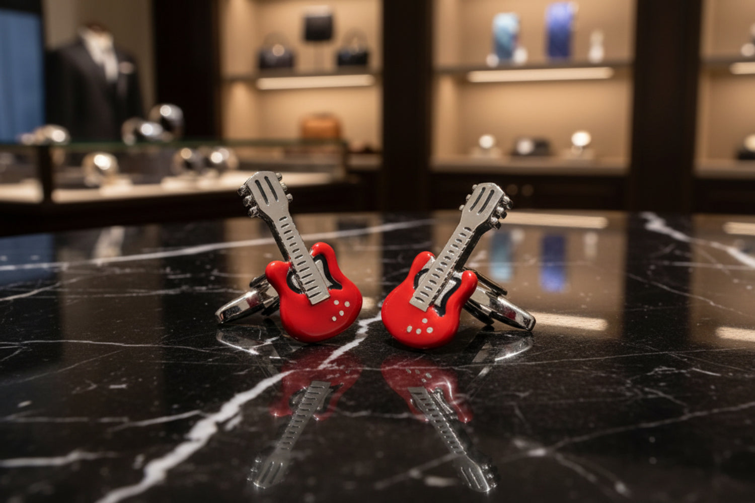 A Red, Black, Chrome Colored Guitar Shape Cuff-links