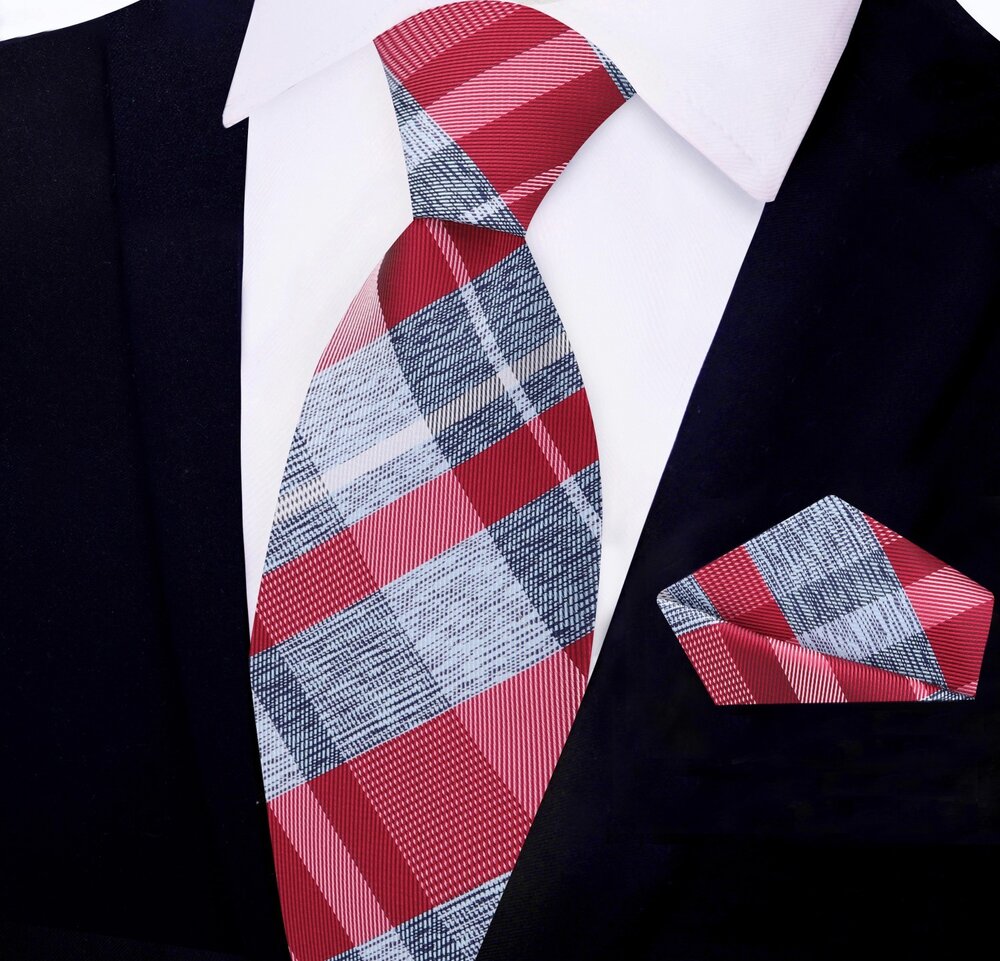 Red, Blue Plaid  Tie and Pocket Square||Red, Blue