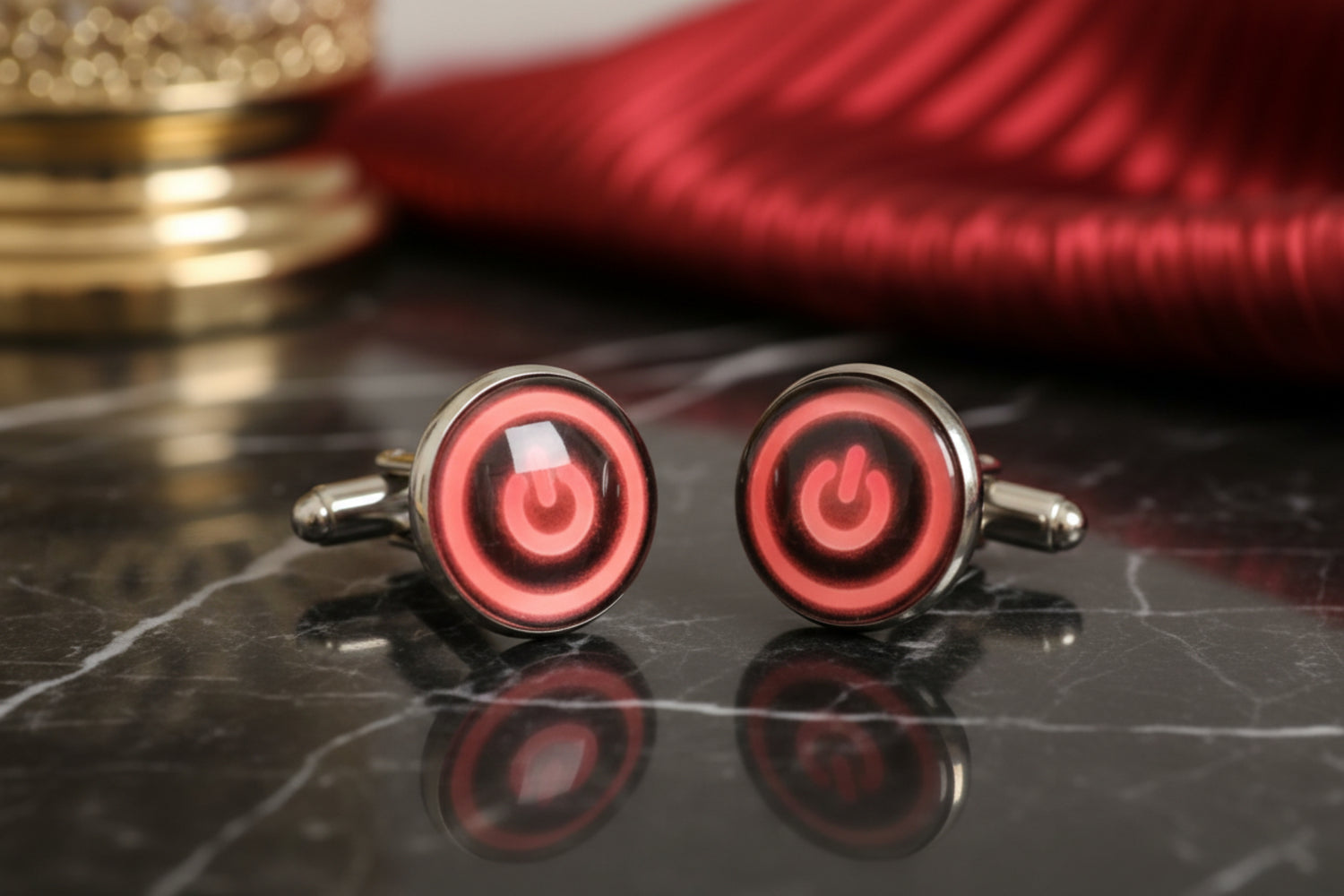 A Chrome, Red with Circle and Power Button Design Cuff-links||Red