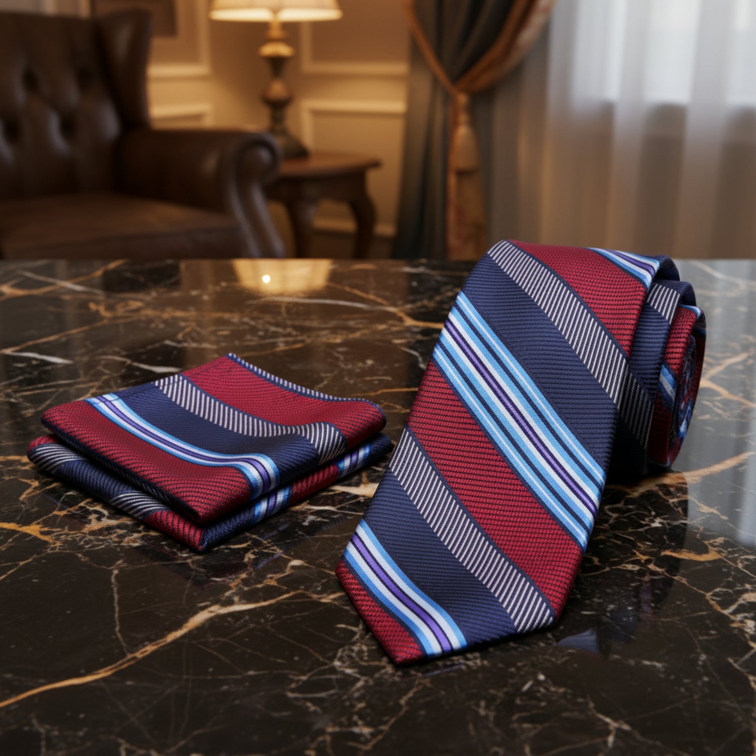 Alt View: Blue, Light Blue, Red Stripe Tie and Pocket Square