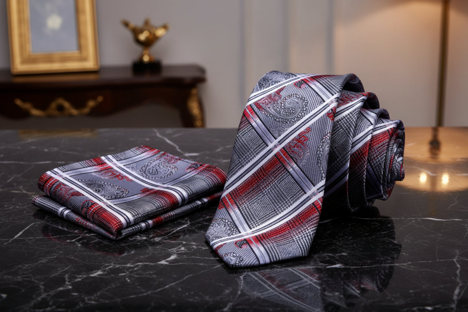 View 2: A Red, Black, White, Grey Paisley Self Tie Necktie and Pocket Square